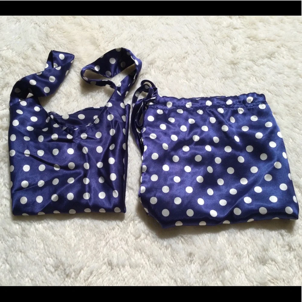 🌀2XHP!🌀VINTAGE | Satin Blue Silver Polka Dot PJs - Picture 12 of 12
